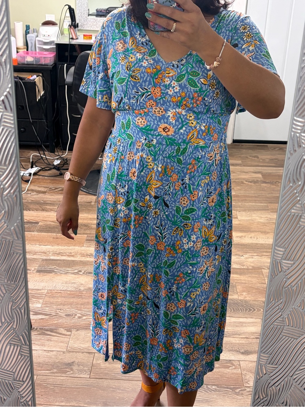 LOFT Blue Floral V-Neck Midi Dress with Green & Orange Accents